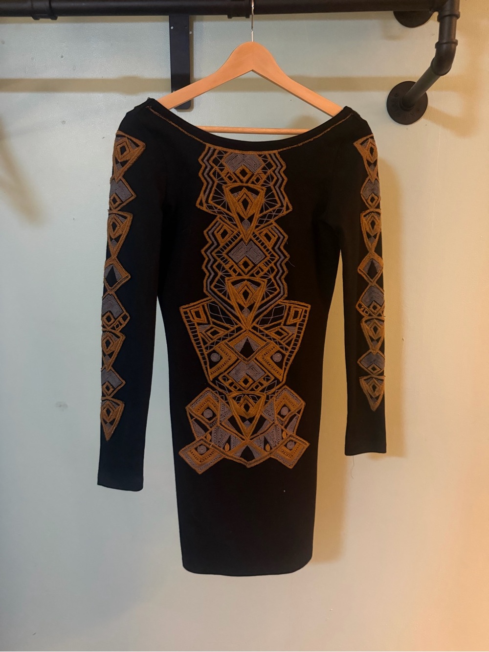 Black Dress with Geometric Gold Embroidery - Women's Long Sleeve Dress